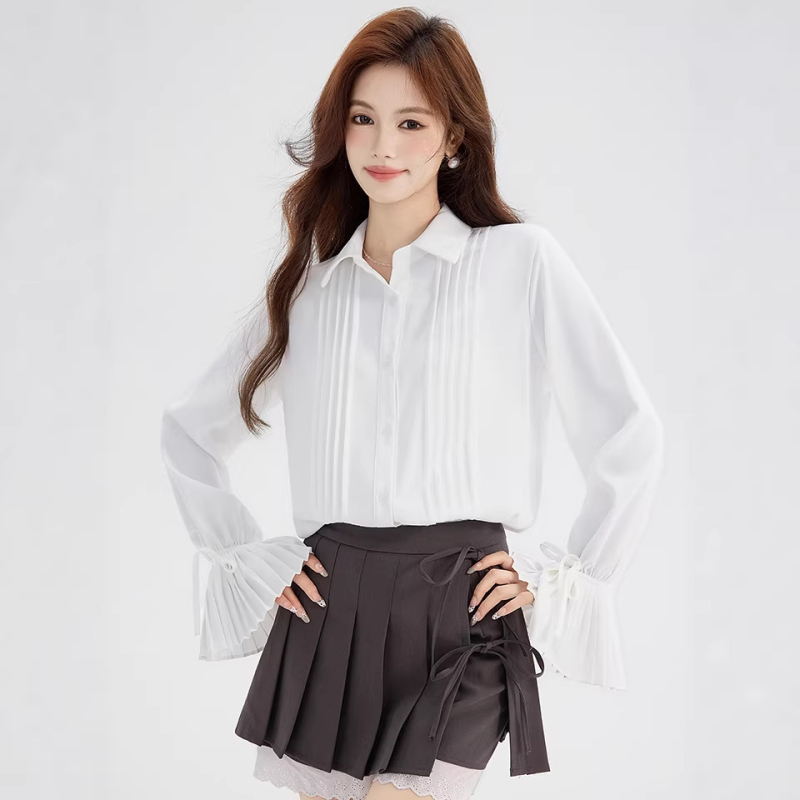 Cămașă din chiffon cu amestec polyester-elastan, croială lejeră, mâneci lungi Raglan, guler Turn-down, plachetă cu nasturi multipli