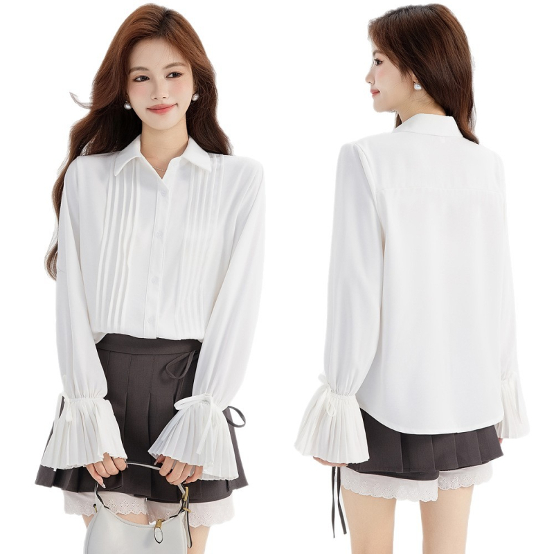 Cămașă din chiffon cu amestec polyester-elastan, croială lejeră, mâneci lungi Raglan, guler Turn-down, plachetă cu nasturi multipli