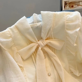 Bluza damă cu funda, croială lejeră, decolteu în V, mâneci lungi, primăvara 2024