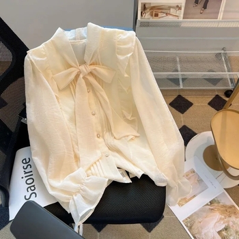 Bluza damă cu funda, croială lejeră, decolteu în V, mâneci lungi, primăvara 2024