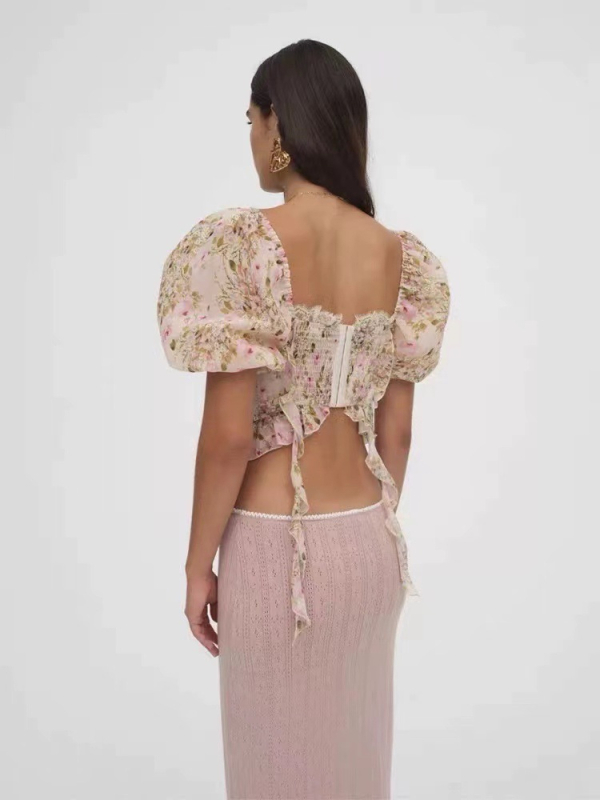 forlovelemons bluza din chiffon cu imprimeu floral, decolteu pătrat, șiret în față, mâneci bufante, croială slim, lungime scurtă