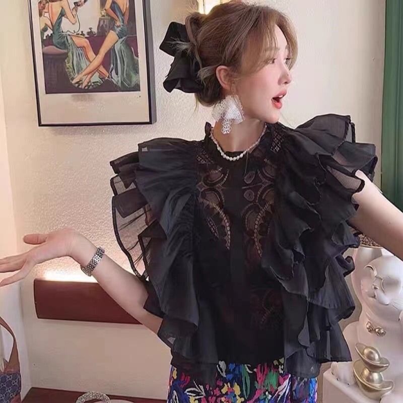 Šifon bez rukava s prorezom i cvjetnom čipkom, korejski stil, stojeći ovratnik