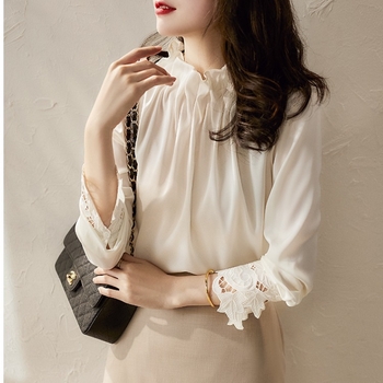 Cămașă cu mânecă lungă, guler rotund, șifon cu amestec de bumbac, uni, primăvara 2026