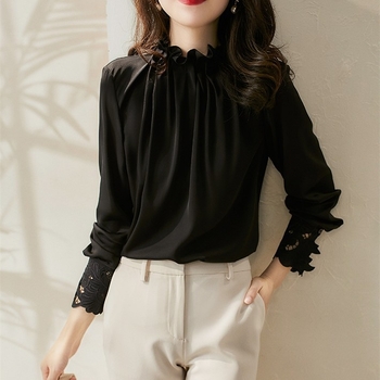 Cămașă cu mânecă lungă, guler rotund, șifon cu amestec de bumbac, uni, primăvara 2026