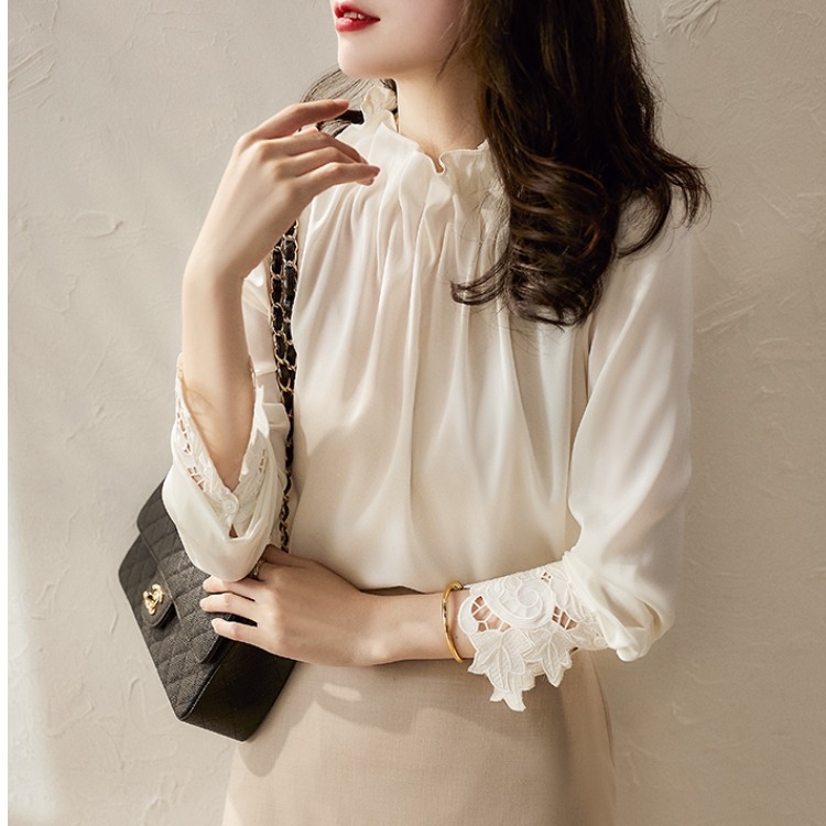 Cămașă cu mânecă lungă, guler rotund, șifon cu amestec de bumbac, uni, primăvara 2026