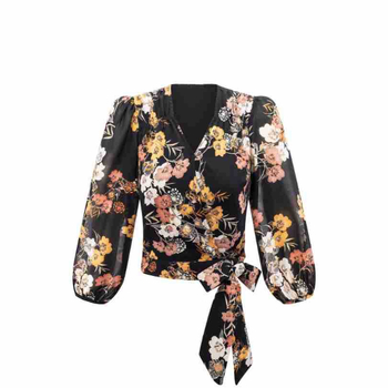 Cămașă cu decolteu în V, mâneci cu croială tip felinar, șnur încrucișat în față, material poliester-spandex, croială regular