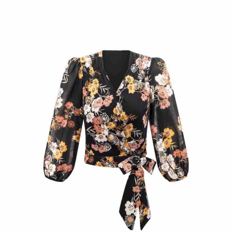 Cămașă cu decolteu în V, mâneci cu croială tip felinar, șnur încrucișat în față, material poliester-spandex, croială regular