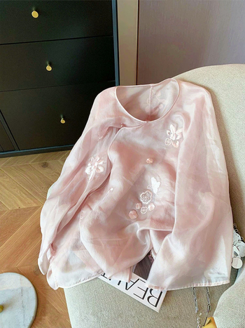Košulja s okruglim ovratnikom i dugim rukavima, poliester, patchwork detalj, kineski stil, književni retro, jednobojni uzorak