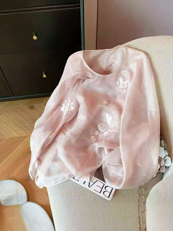 Košulja s okruglim ovratnikom i dugim rukavima, poliester, patchwork detalj, kineski stil, književni retro, jednobojni uzorak