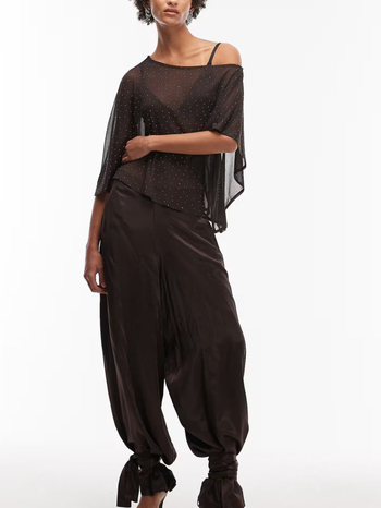 Chiffon top s opuštenim krojem, kosim ovratnikom, rukavi s listom lotosa, dugi rukavi, bez glačanja, standardna duljina