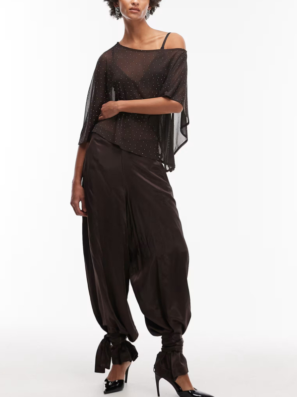 Chiffon top s opuštenim krojem, kosim ovratnikom, rukavi s listom lotosa, dugi rukavi, bez glačanja, standardna duljina