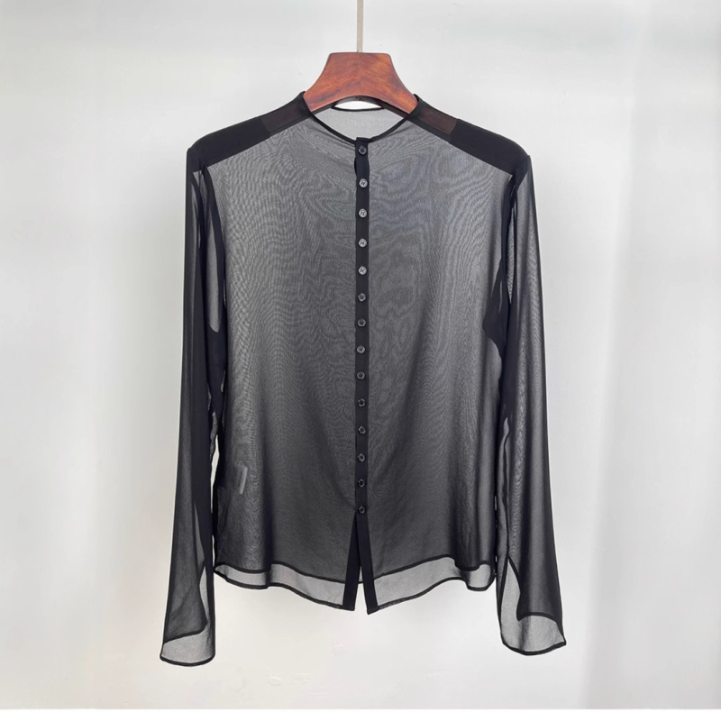 Košulja s retro kardiganskim stilom, dugi rukavi, okrugli ovratnik, poliester tkanina, duljina 50–65 cm