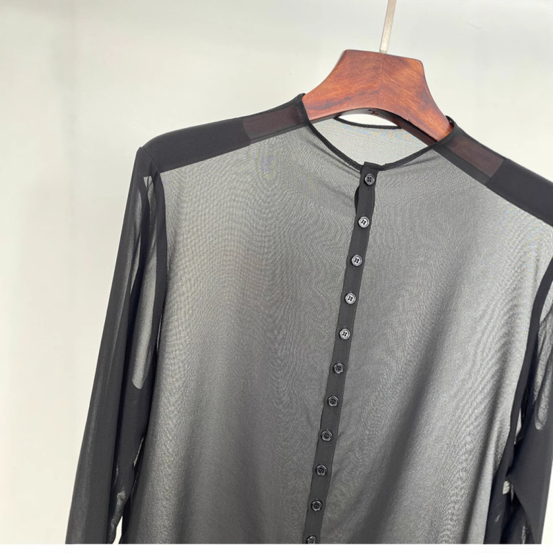 Košulja s retro kardiganskim stilom, dugi rukavi, okrugli ovratnik, poliester tkanina, duljina 50–65 cm