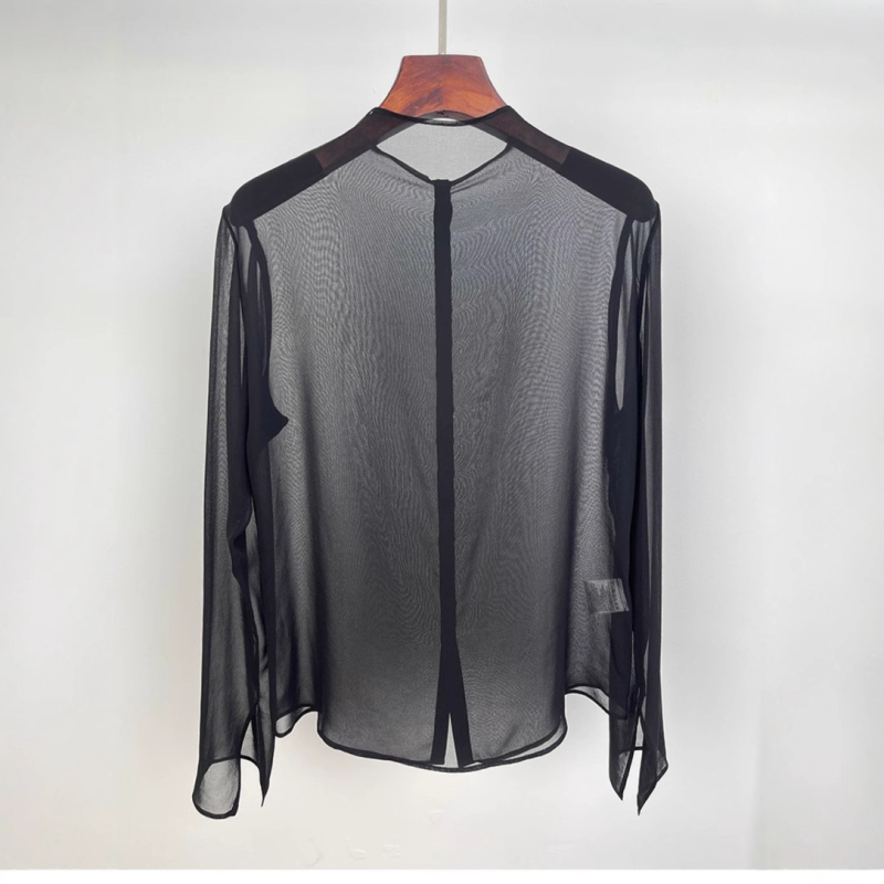 Košulja s retro kardiganskim stilom, dugi rukavi, okrugli ovratnik, poliester tkanina, duljina 50–65 cm