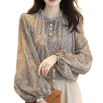Francuski cvjetni chiffon top za žene, halter ovratnik, Feifei rukavi, duge rukave, gradski stil, sastav vlakna 95%+