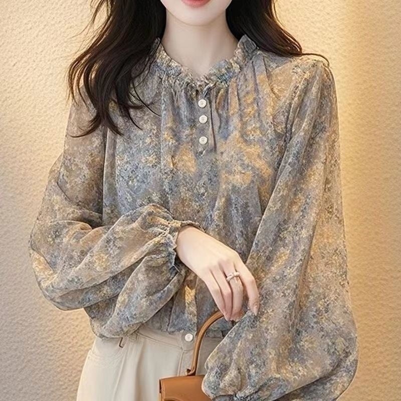 Francuski cvjetni chiffon top za žene, halter ovratnik, Feifei rukavi, duge rukave, gradski stil, sastav vlakna 95%+