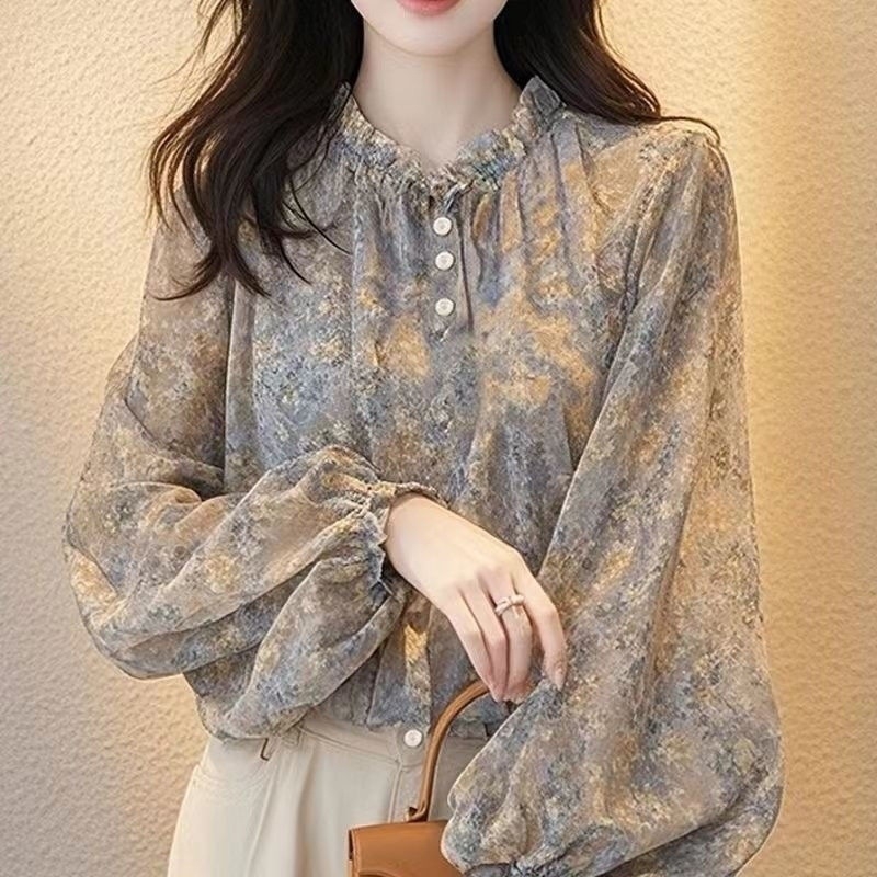 Francuski cvjetni chiffon top za žene, halter ovratnik, Feifei rukavi, duge rukave, gradski stil, sastav vlakna 95%+