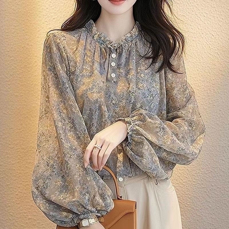 Francuski cvjetni chiffon top za žene, halter ovratnik, Feifei rukavi, duge rukave, gradski stil, sastav vlakna 95%+