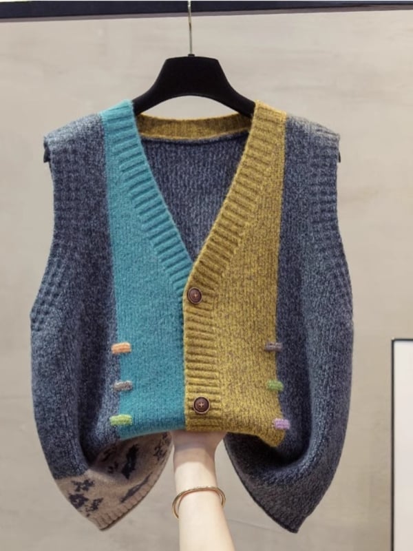 Ženski pleteni vest s V-dekolteom, opuštena silueta, casual stil, jesen 2025