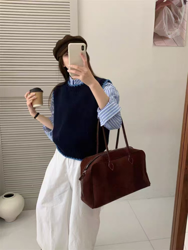 Vesta u korejskom stilu, okrugli izrez, casual, blok boja, akril sa spandeksom 30–50%