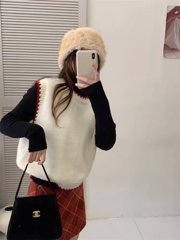 Vesta u korejskom stilu, okrugli izrez, casual, blok boja, akril sa spandeksom 30–50%
