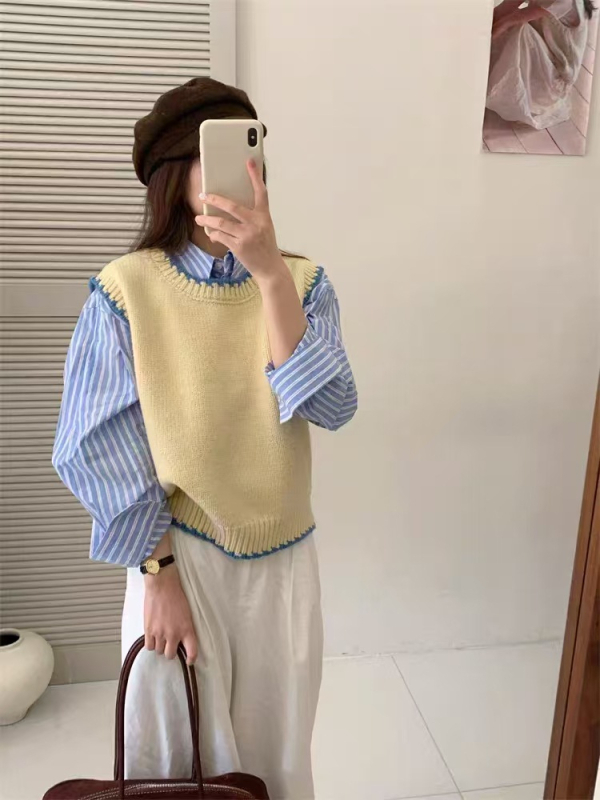Vesta u korejskom stilu, okrugli izrez, casual, blok boja, akril sa spandeksom 30–50%