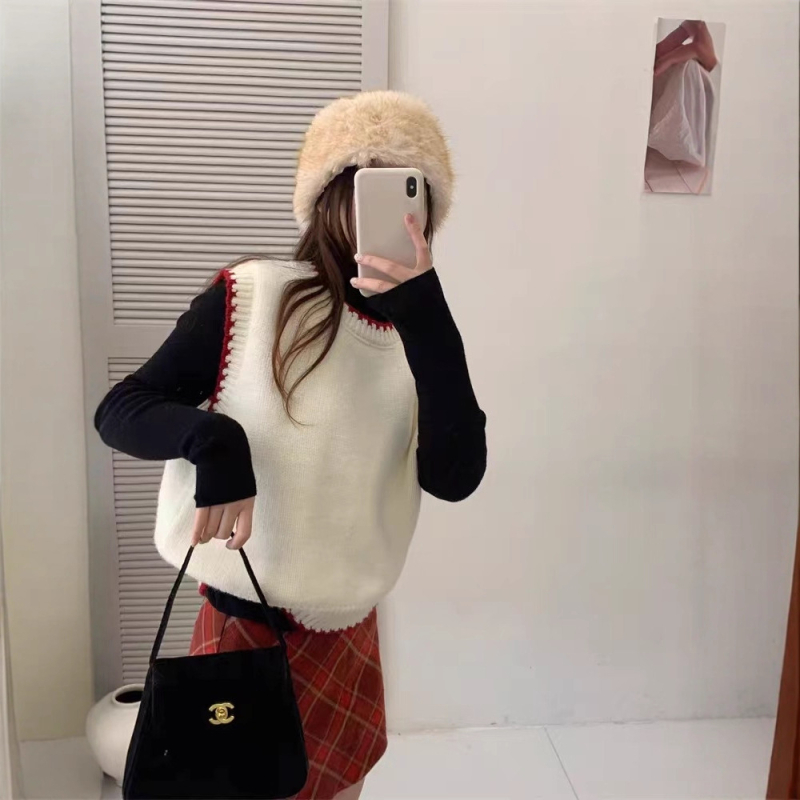Vesta u korejskom stilu, okrugli izrez, casual, blok boja, akril sa spandeksom 30–50%