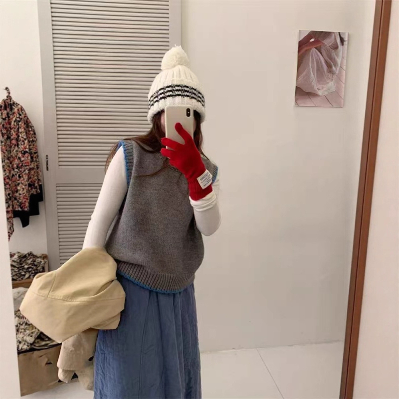 Vesta u korejskom stilu, okrugli izrez, casual, blok boja, akril sa spandeksom 30–50%