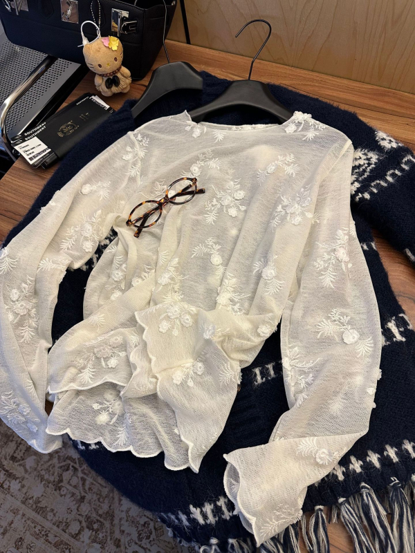 Bluza od šifona s izšivenim uzorkom, cvjetni uzorak, dugi rukav, okrugli izrez