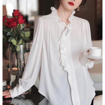 Риза от шифон със смес полиестер-еластан, свободен силует, стил кардиган, стойка яка, дълги ръкави, колажно шиене