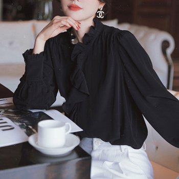 Риза от шифон със смес полиестер-еластан, свободен силует, стил кардиган, стойка яка, дълги ръкави, колажно шиене