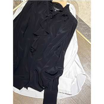 Риза от шифон със смес полиестер-еластан, свободен силует, стил кардиган, стойка яка, дълги ръкави, колажно шиене