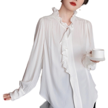 Риза от шифон със смес полиестер-еластан, свободен силует, стил кардиган, стойка яка, дълги ръкави, колажно шиене