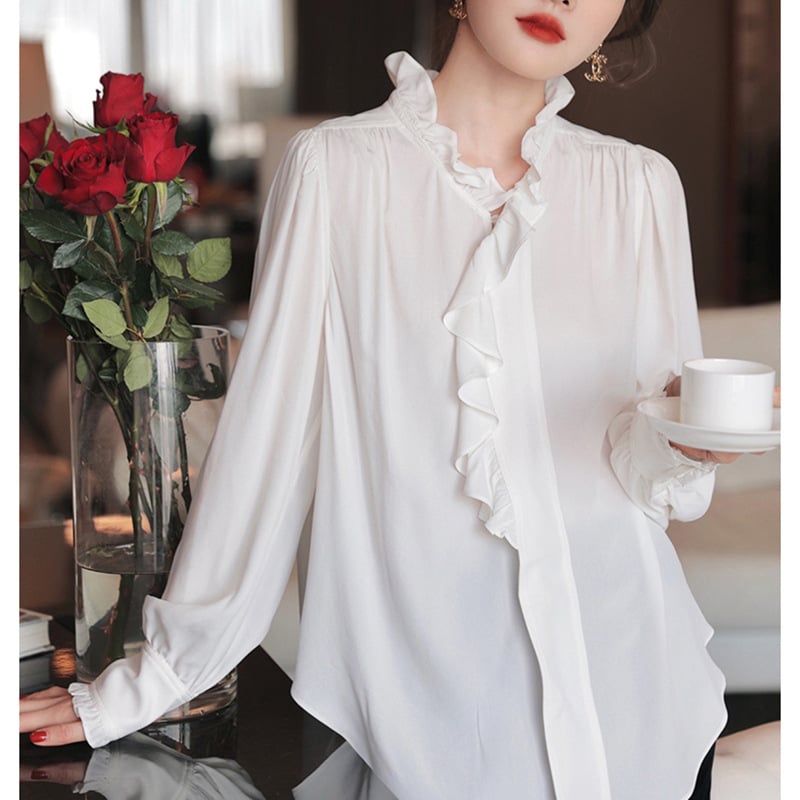 Риза от шифон със смес полиестер-еластан, свободен силует, стил кардиган, стойка яка, дълги ръкави, колажно шиене