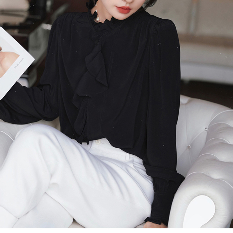 Риза от шифон със смес полиестер-еластан, свободен силует, стил кардиган, стойка яка, дълги ръкави, колажно шиене