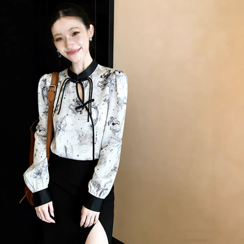 Bluza s geometrijskim uzorkom, pamuk mješavina, pamuk, stojeći ovratnik, dugi rukav, elegantan uredski stil