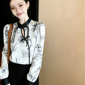 Bluza s geometrijskim uzorkom, pamuk mješavina, pamuk, stojeći ovratnik, dugi rukav, elegantan uredski stil