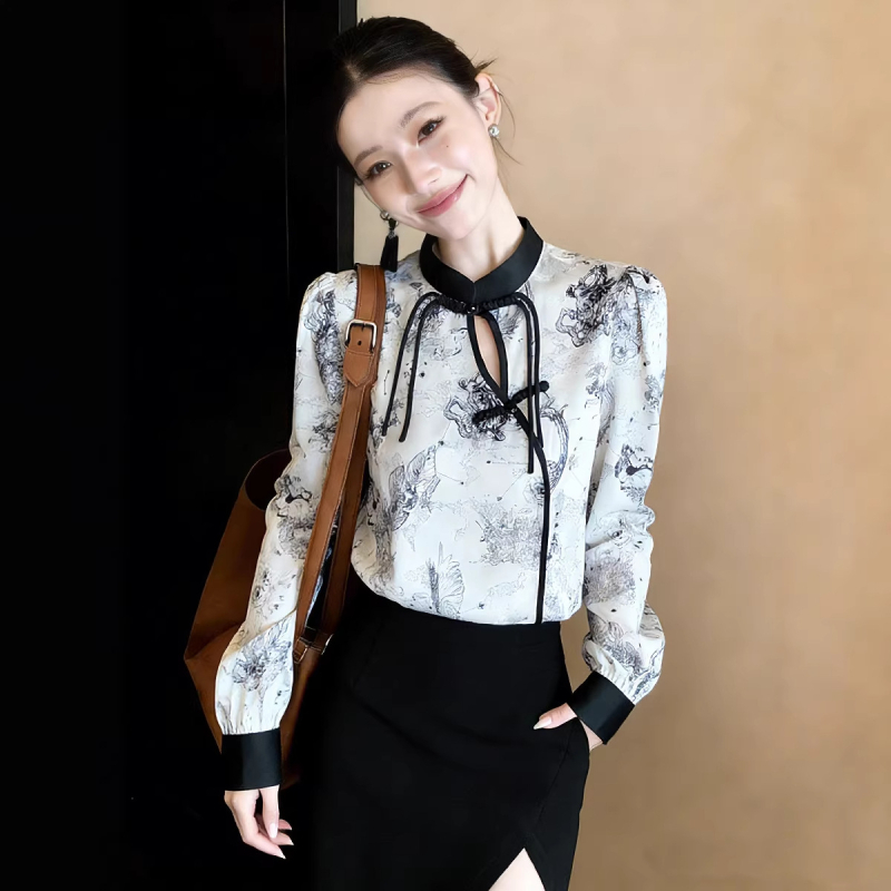 Bluza s geometrijskim uzorkom, pamuk mješavina, pamuk, stojeći ovratnik, dugi rukav, elegantan uredski stil