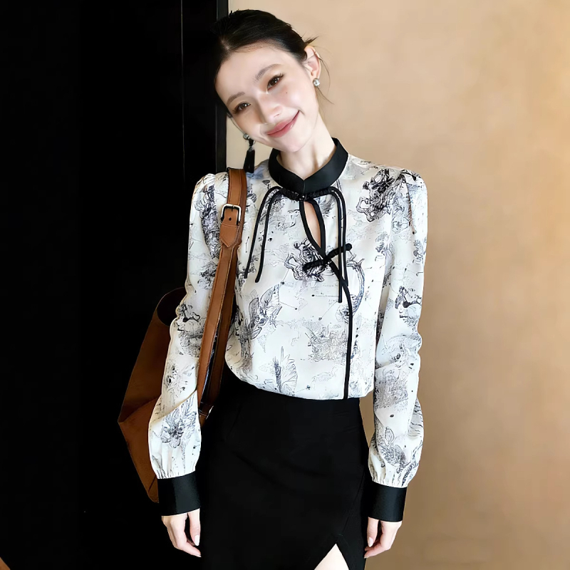 Bluza s geometrijskim uzorkom, pamuk mješavina, pamuk, stojeći ovratnik, dugi rukav, elegantan uredski stil