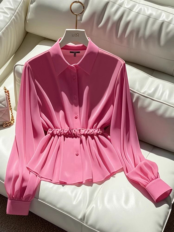 Košulja s color-block uzorkom, poliester tkanina, glavni materijal 50–70%, dugi rukavi, polo ovratnik
