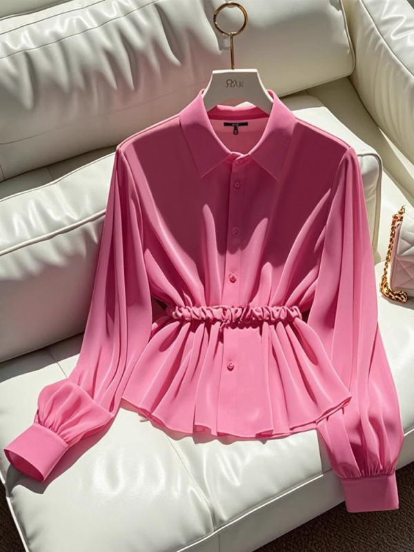 Košulja s color-block uzorkom, poliester tkanina, glavni materijal 50–70%, dugi rukavi, polo ovratnik