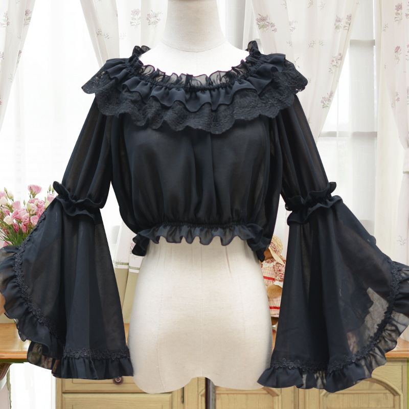 Lolita šifon bluza s plisiranim detaljima, jednofarbna, ovratnik s jednom linijom, raglan rukavi, 3/4 rukavi