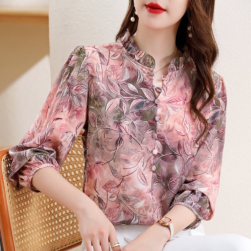 Šifon bluza s elastanom ≤30%, uski kroj, ovratnik s volanom, 3/4 rukavi