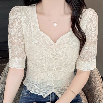 Bluza de damă cu dantelă, decolteu pătrat, mâneci Feifei, mâneci extra-lungi, broderie pe poliester