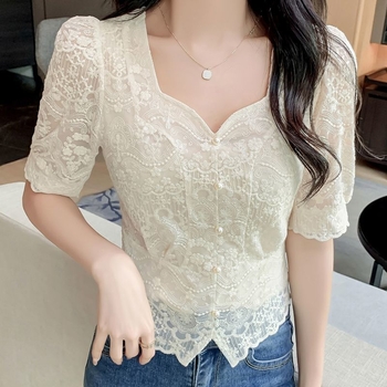 Bluza de damă cu dantelă, decolteu pătrat, mâneci Feifei, mâneci extra-lungi, broderie pe poliester