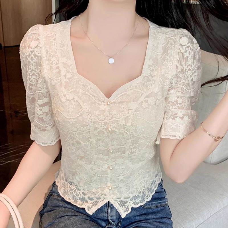 Bluza de damă cu dantelă, decolteu pătrat, mâneci Feifei, mâneci extra-lungi, broderie pe poliester