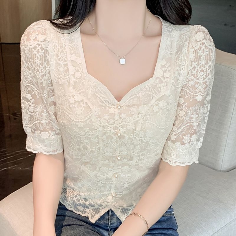 Bluza de damă cu dantelă, decolteu pătrat, mâneci Feifei, mâneci extra-lungi, broderie pe poliester