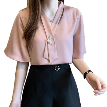 Női chiffon ing, koreai stílus, V-nyak, harang alakú ujjak, 3/4-es ujj, 70-80% poliészter