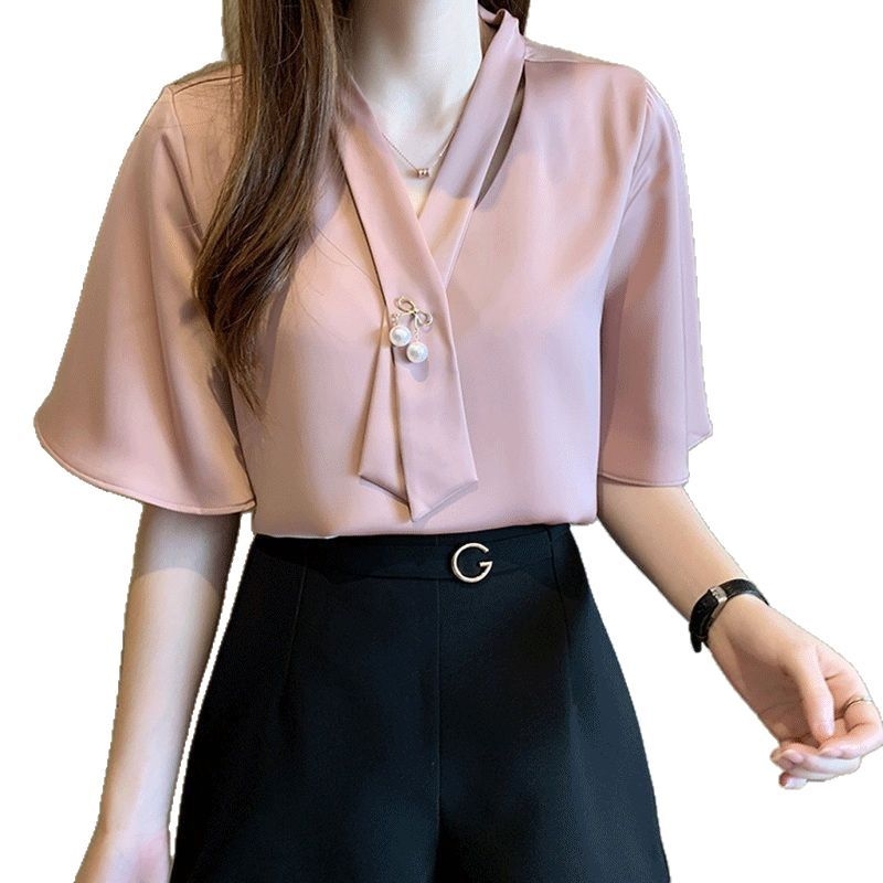 Női chiffon ing, koreai stílus, V-nyak, harang alakú ujjak, 3/4-es ujj, 70-80% poliészter