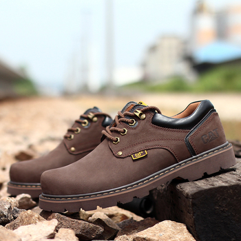 Мъжки кожени работни обувки, кръгъл пръст, дишащи, противохлъзгащи, нисък клин 1–3 см